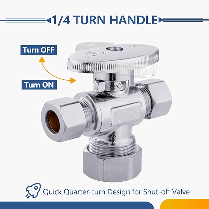 20-Pack GUOFIS Angle Stop Valve with Dual Compression Outlet,1/2" NOM (5/8" OD) Inlet x (3/8" x 3/8") Outlet Shut-off Valves(1/4 Turn,Chrome)(VALVE123-20Pack)