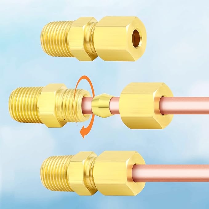 GASHER 10PCS Brass Compression Tube Pipe Fitting Connector, 1/4" Tube OD x 1/4" NPT Male Connector