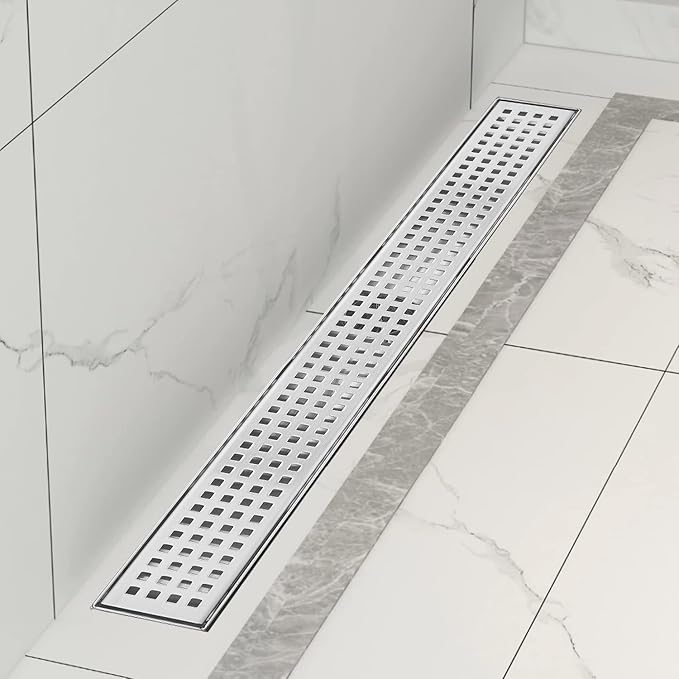 Linear Shower Drain, Shower Drain 32 inch with Removable Grate Cover, Professional AISI 304 Stainless Steel Shower Floor Drain, Linear Drain with Hair Catcher and Leveling Feet