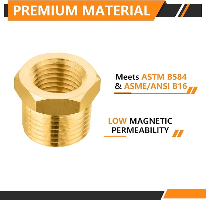 50-PCs HeSun Brass Thread Pipe Fitting, 1/2" NPT Male x 1/4" NPT Female Reducer Hex Bushing Adapter(NPT029-50)