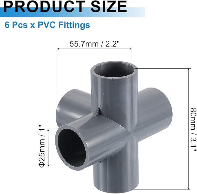 uxcell 3/4" PVC Fittings, 4 Pcs 5 Way Elbow Connector Elbow PVC Furniture Fittings Corner Fitting for Water Supplies PVC Furniture DIY Shelf Greenhouse Tent Connection, Grey