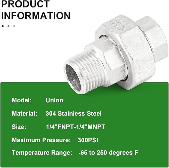 TAISHER 5PCS 304 Stainless Steel Union，1/4" NPT Male x 1/4" NPT Female Cast Pipe Fitting
