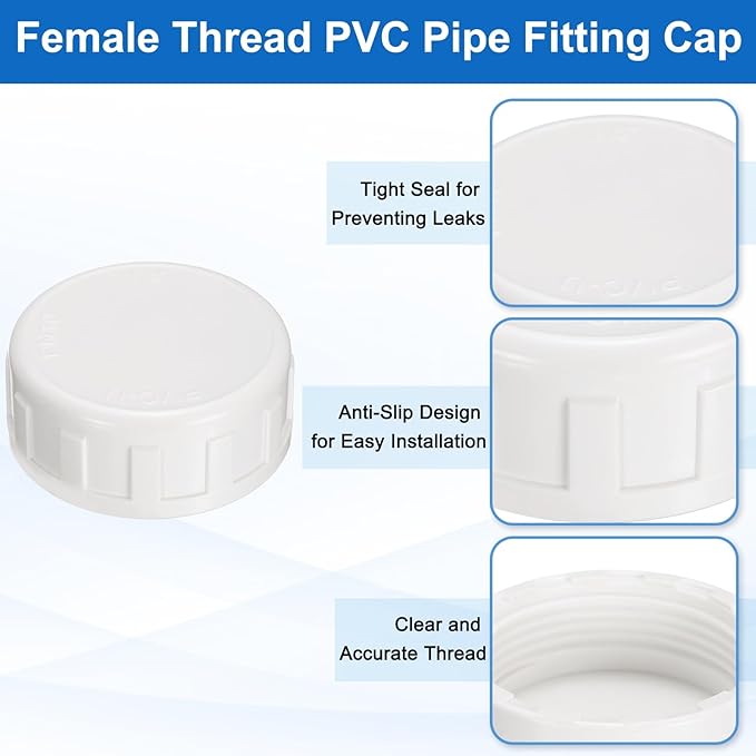 uxcell 5Pcs 1-1/2 Inch PT Female Thread PVC Pipe Fitting Cap, Cleanout Water Drain End Caps, Pipe Plug Socket Fittings with Gasket for Water Heater Supply Lines, Plumbing, White