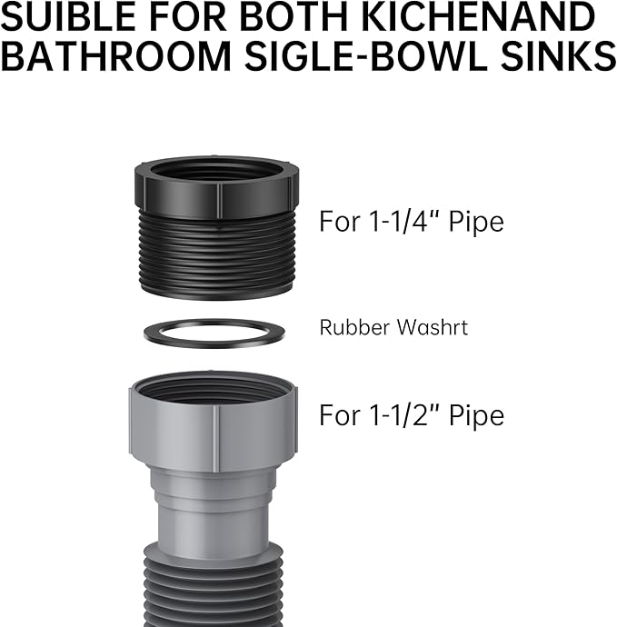 Flexible Expandable P-Trap Kit for Double Kitchen Sink Drain - Fits 1 1/2" or 1 1/4" Pipes-Complete with Sealing Ring, Tape, and Tubing - Perfect for Kitchen, Bathroom, and Restroom Use