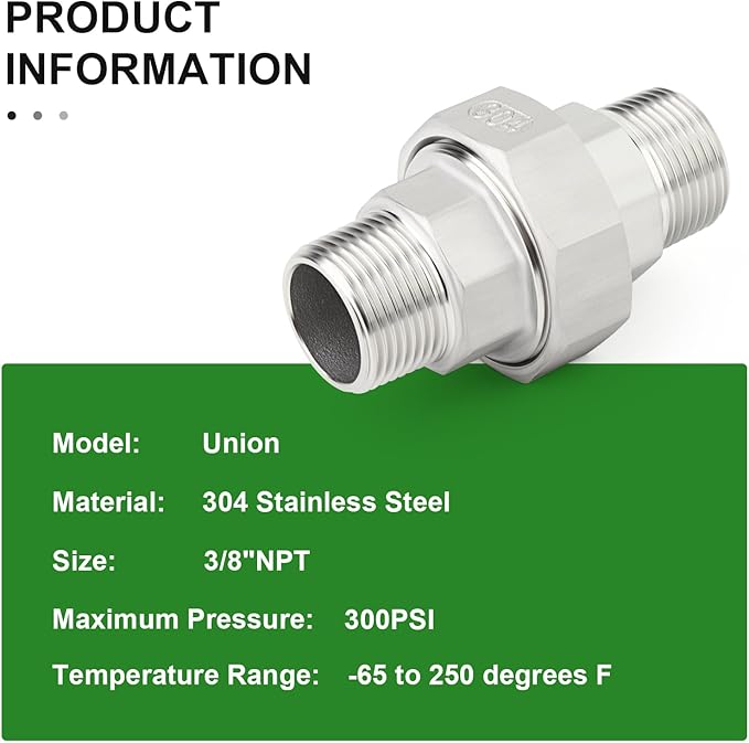 TAISHER 5PCS 304 Stainless Steel Union，3/8" NPT Male x 3/8" NPT Male Cast Pipe Fitting