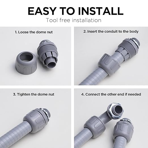Conduit Connectors, 1/2 Inch Liquid Tight Connector NPT Non-Metallic for PVC Electrical Flexible Conduit Fittings, 180 Degree Straight, UL Listed for Home Outdoor Tubes Tools, Grey (60-Pack)