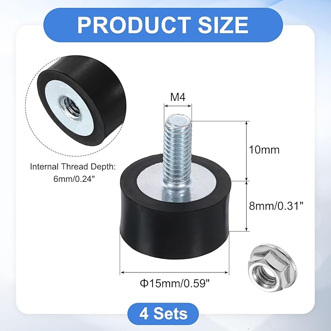uxcell M4 Rubber Mounts, 4Pcs 15x8mm(DxH) Rubber Cylindrical Anti Vibration Isolator Shock Absorber with Lock Nut for Car Bobbin Generator Air Compressors