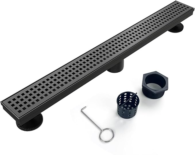 Linear Shower Drain, 28 inch Black Drain with Removable Grate Cover, Brushed 304 Stainless Steel Shower Floor Drain, Linear Drain with Hair Strainer and Adjustable Feet