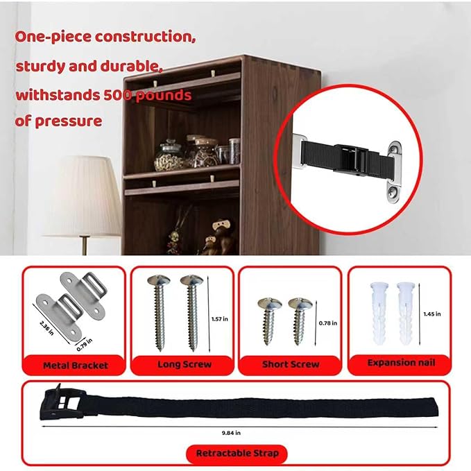 Furniture Anchors for Baby Proofing(2 Sets),Anti Tip Furniture Anchors,Furniture Wall Anchor,Adjustable Furniture Straps,Wall Anchors for Furniture Securing for Baby&Pet Safety