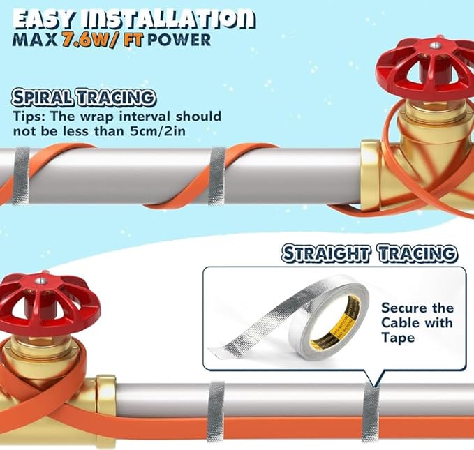 6 FT Heat Tape for Water Pipes, 7.6W/FT UL & ETL Self-Regulating Pipe Heating Cable with Thermostat for Pipe Freeze Protection, Waterproof Heat Tape for Metal and Plastic Pipes