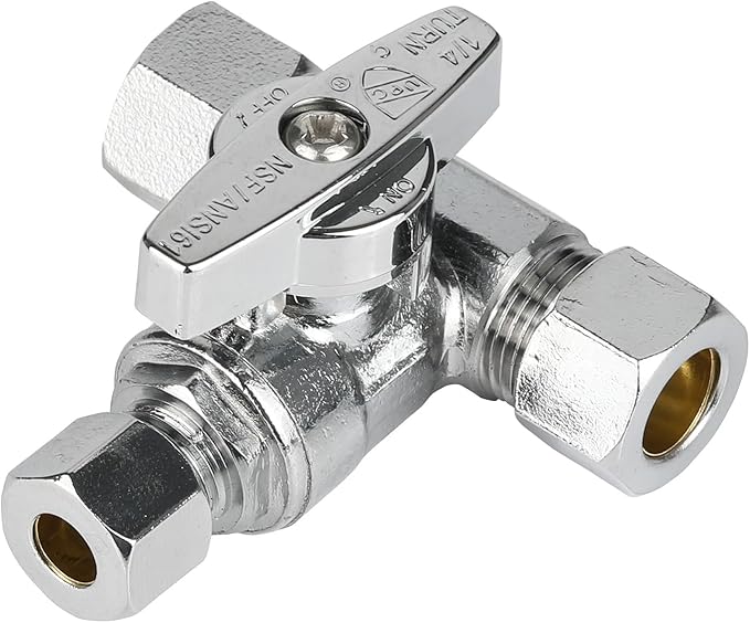 (Pack of 2) EFIELD 1/4-Turn Stop Tee Compression Stop Valve, 3/8" OD x 3/8" Com OD, Chrome Plated Brass, UPC Certified,(VALVE465)