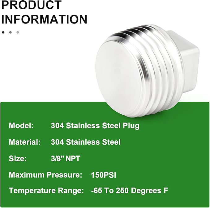 TAISHER 5PCS 304 Stainless Steel Outer Square Thread Socket Pipe Plug Fitting 3/8" NPT Male