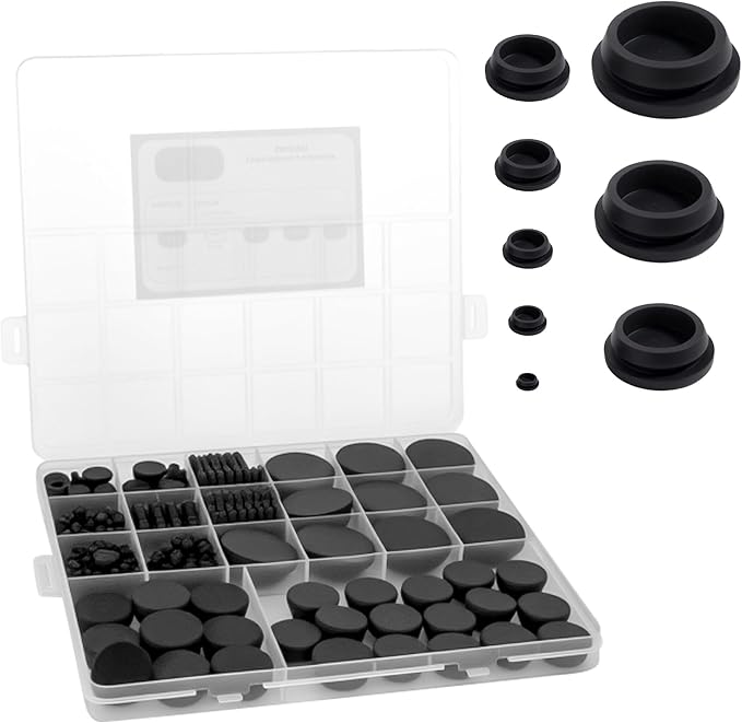 125PCS 8 Sizes Rubber Hole Plugs for Round Holes 1" 3/4" 5/8" 1/2" 3/8" 5/16" 1/4" 1/5" with Snap Locking, Car Wiring Furniture Plugs