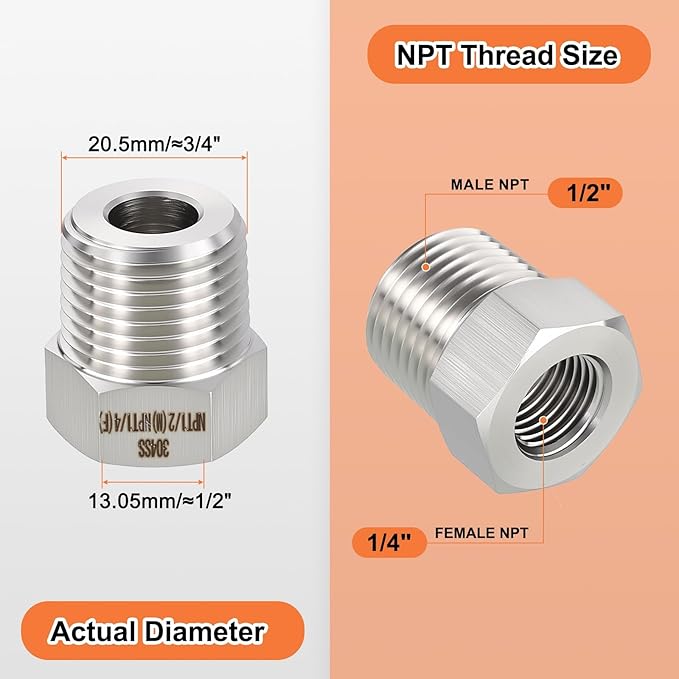 2 Pack 304 Stainless Steel Male to FeMale Adapters, 1/2" Male NPT x 1/4" FeMale NPT Hex Bushing Reducer for Industrial, Automotive, Fluid Transfer, Home Gardening, Water Treatment