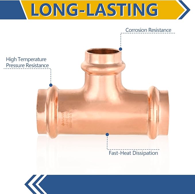 100-Pack GUOFIS Copper Press Tee,1" x 1" x 3/4" Tee Fittings for Copper Tube Connection with Stop(PRESS010-100Pack)