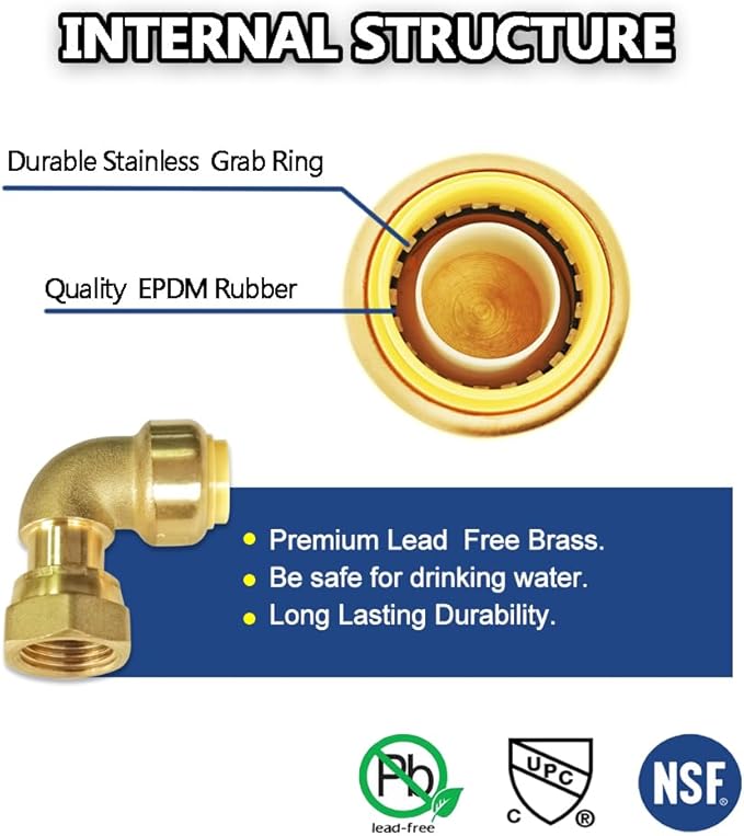 HQMPC Push Elbow Coupling with Union 3/4"X3/4" 2Pcs Push-to-Connect Plumbing Fittings Brass Pipe Connector Fittings for Copper PEX CPVC