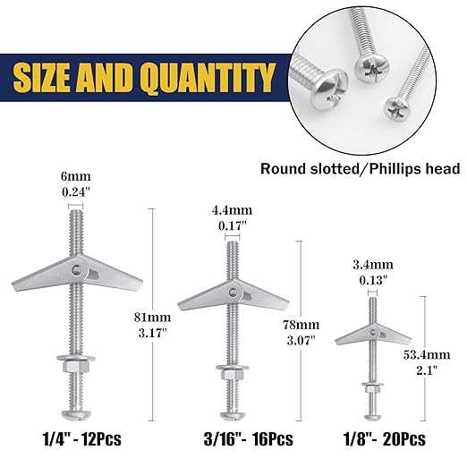 48 Sets Toggle Bolts - 1/4 3/16 1/8 Inch Butterfly Toggle Anchors for Drywall - Toggle Bolt Assortment Kit with Matching Wing Nuts, Hex Nuts, Washers