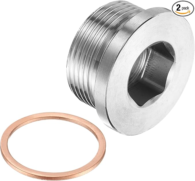 PATIKIL 2 Pcs 1" BSP Pipe Plug Fitting, 304 Stainless Steel Internal Hex Head Socket Pipe Cap Adapter Connector with Copper Washer for Sealing Oil Gas Water