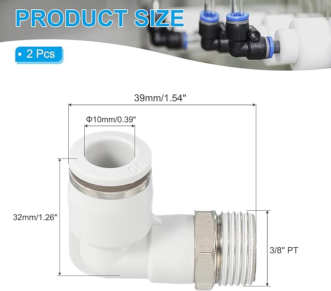 PATIKIL Push to Connect Fitting, 2 Pack Pneumatic Air Elbow Quick Connector 3/8"PT Male Thread x 10mm Tube 90 Degree Connect Tubing Elbow Air Tube Fitting Pneumatic Quick Adapter, White