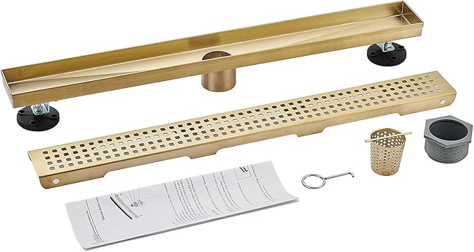 Linear Shower Floor Drain, Brushed Gold 60 Inch 304 Stainless Steel Bathroom Drains Kit, Long Rectangular Shower Trench Drain with Square Pattern Drain Cover & Hair Catcher