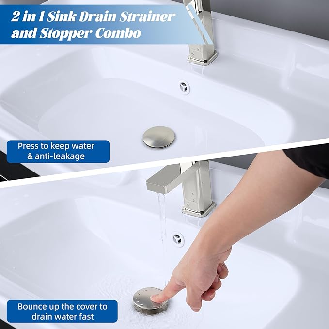 Hibbent 2 Pack All Metal Upgraded Bathroom Sink Stopper, Universal Pop Up Sink Drain Strainer, Brass Bullet Core Push Type Stopper for 1.1''~2.3''' Basin, Anti Clogging Drain Filter, Brushed Nickel