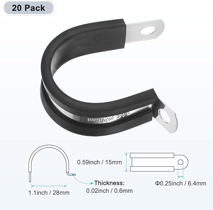 20-Pack Cable Clamps, 1-3/32 Inch/ 28 mm 304 Stainless Steel Rubber Cushioned Insulated Cable Clamp R Shape Metal Holder for Tube/Wire/Pipe/Loop Installation