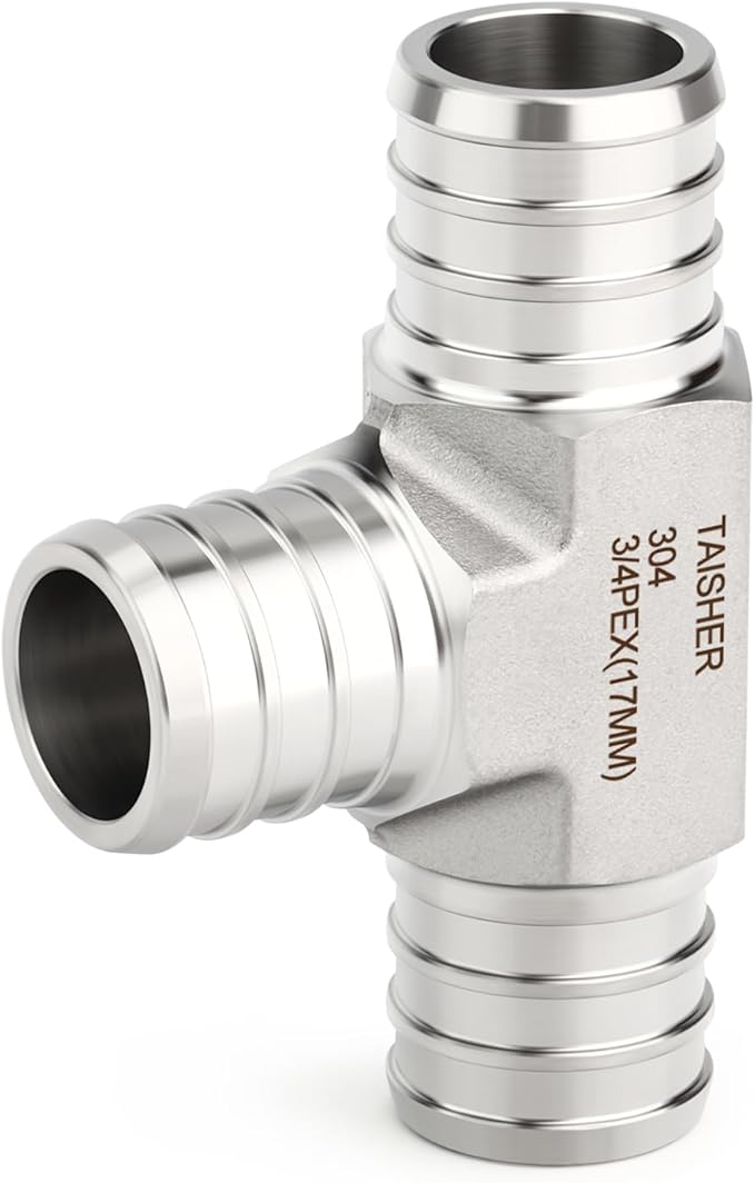 TAISHER 1PCS 304 Stainless Steel Tee Pex Fittings, 3/4" Pex Fitting With 3PCS Hose Clamp For Pex Tubing Pipe