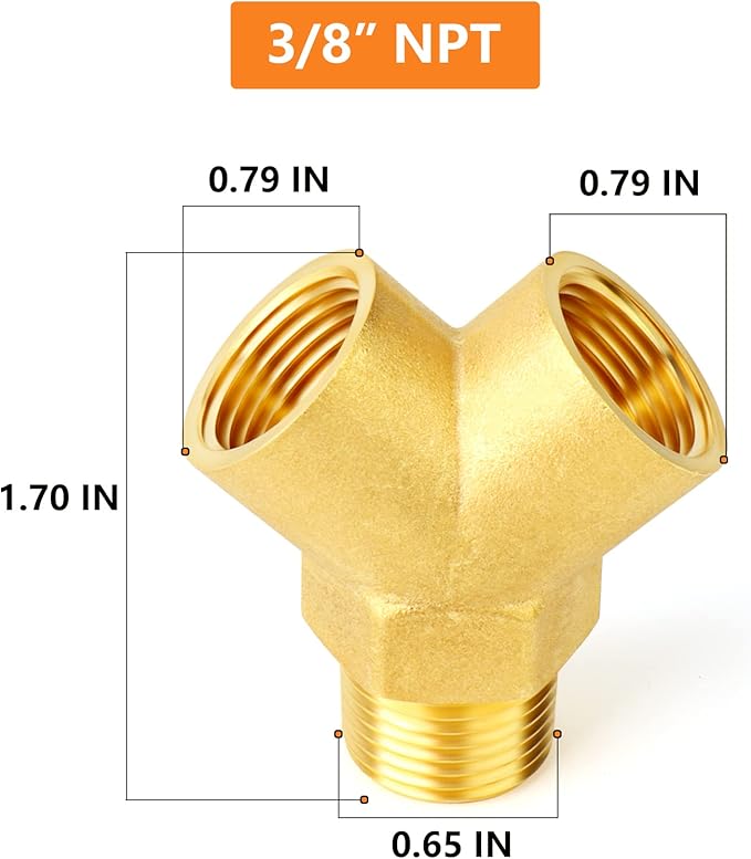 GASHER 5PCS Brass Pipe Fitting Male Branch Tee Y Adapter 3/8" NPT Female x 3/8" NPT Female x 3/8" NPT Male