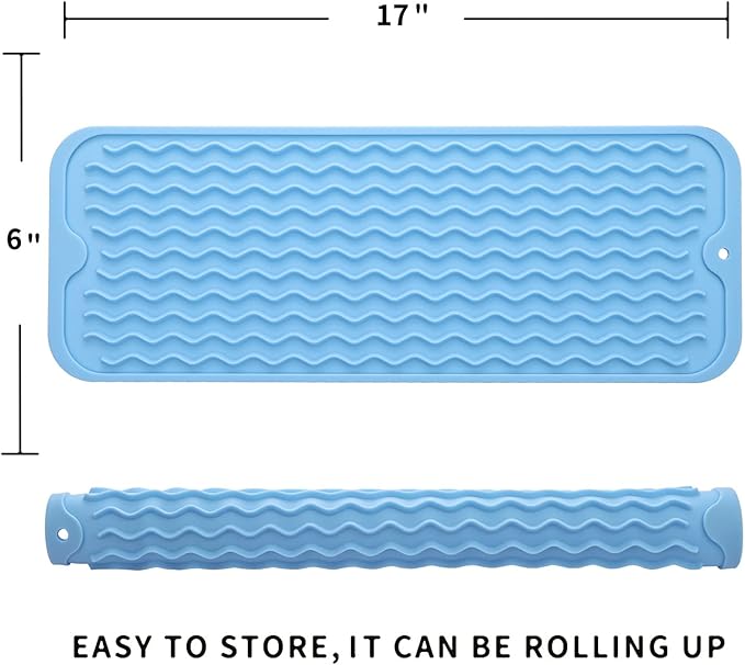 Silicone Dish Drying Mat for Multiple Usage,Easy clean,Eco-friendly,Heat-resistant Silicone Mat for Kitchen Counter,Sink,Bar,Bottle,or Cup Light Blue M 17 inches x 6 inches