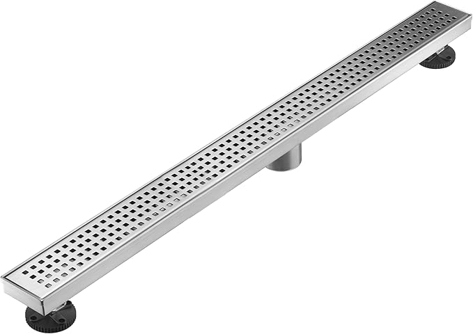 Linear Shower Floor Drain, Brushed Nickel 36 Inch 304 Stainless Steel Bathroom Drains Kit, Long Rectangular Shower Trench Drain with Square Pattern Drain Cover & Hair Catcher
