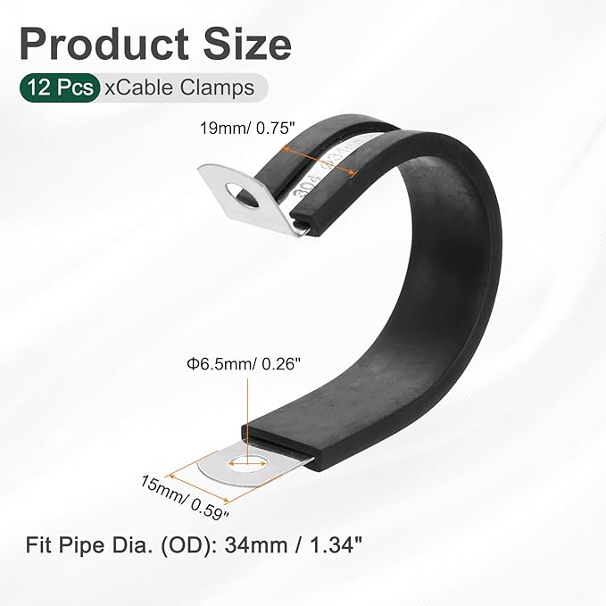 uxcell 1-3/8"(34mm) Cable Clamp, 304 Stainless Steel Rubber Cushioned Insulated R Shape Metal Clamp Tube Holder for Pipe Hose Wire Cord Installation 12Pcs