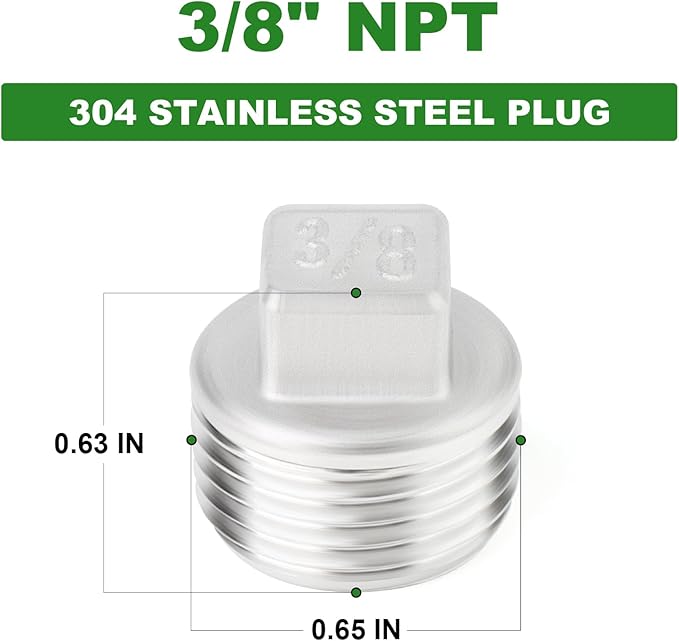 TAISHER 5PCS 304 Stainless Steel Outer Square Thread Socket Pipe Plug Fitting 3/8" NPT Male