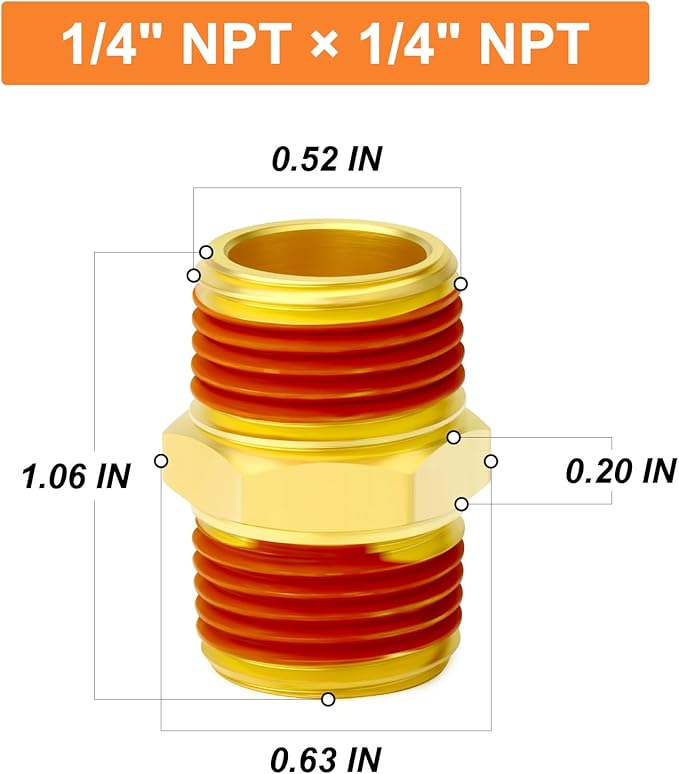 GASHER 10PCS Brass Pipe Fitting, Hex Nipple, 1/4" Male Pipe x 1/4" Male Pipe With Sealant