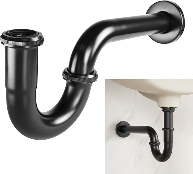 Stainless Steel P-Trap - 1 1/4 Inch Bathroom Basin Sink Waste Trap with Reducing Washer, Matte Black