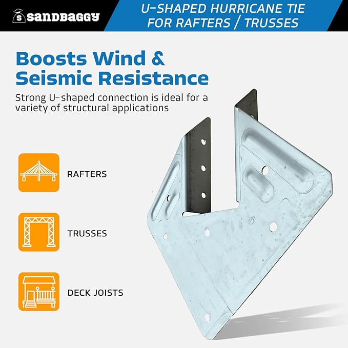 Sandbaggy U-Shaped Hurricane Tie - Hot Dipped Galvanized, 18 Gauge - Structural Wood Framing Connectors for Rafters, Trusses, Deck Joists (U-Shaped, 200, Count)