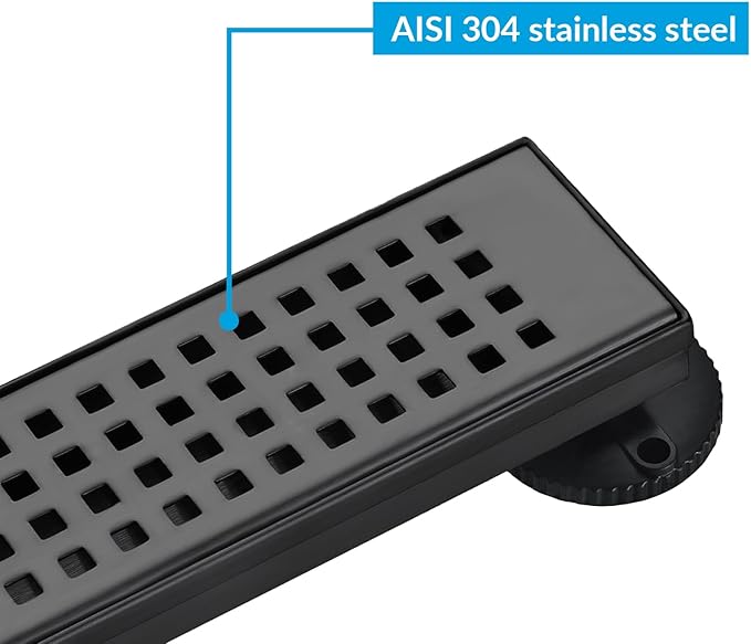 32 Inch Removable Cover Linear Shower Drain 304 Stainless Steel Rectangular Floor Drain for Kitchen Bathroom Square Hole Drain with Accessories Hair Strainer Adjustable Leveling Feet (Matte Black)