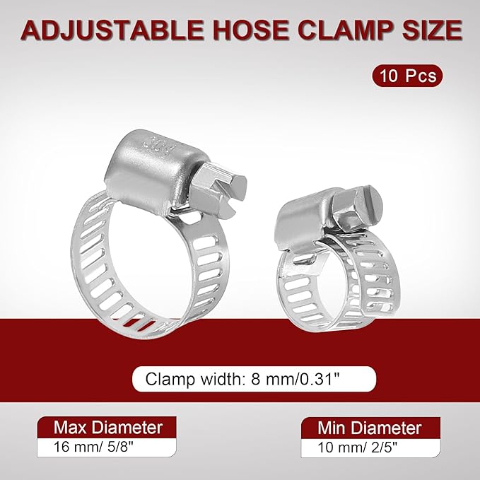 MECCANIXITY Stainless Steel Hose Clamp, Worm Gear Clamp Adjustable 2/5"- 5/8"(10-16mm) Fuel Line Hose Clamps Duct Clamp for Pipe Plumbing Automotive Mechanical (Pack of 10)