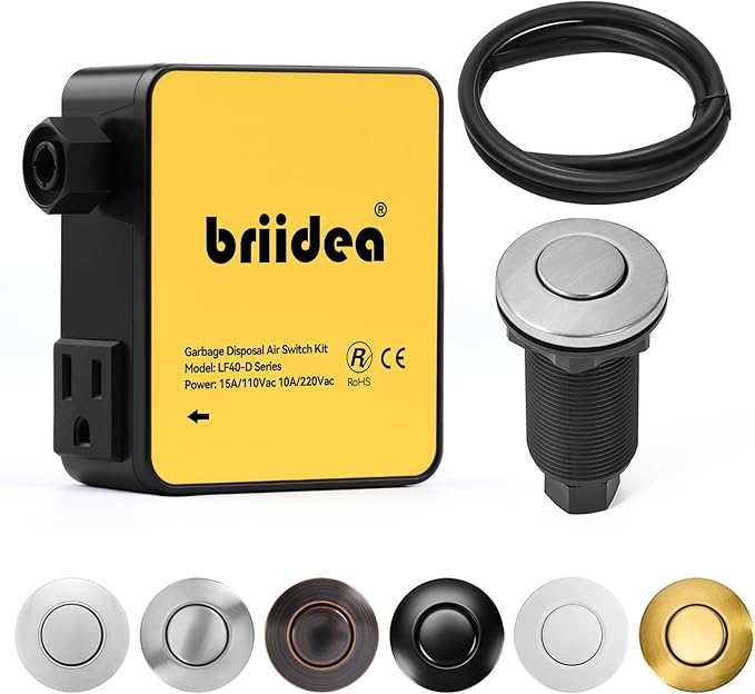 Garbage Disposal Air Switch Kit Sink Top Waste Disposal Long Stainless Steel Brushed Nickel On/Off Air Button Food and Waste Disposals Part by Briidea, UL Listed