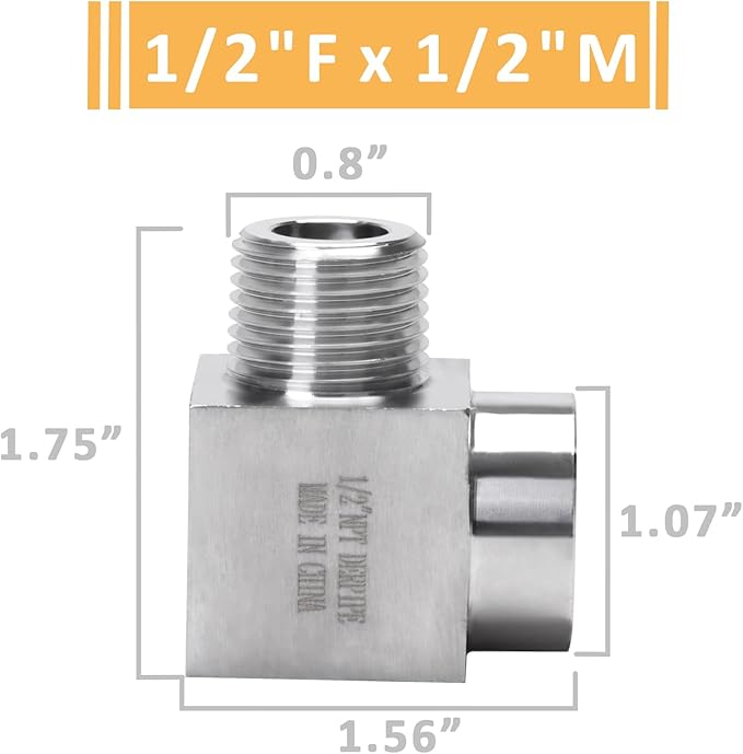 90 Degree Street Elbow - 1/2" NPT Male to 1/2" NPT Female Stainless Steel 304 Heavy Duty Forged Square Barstock Street Elbow Adapter Pipe Fitting (pack of 5)