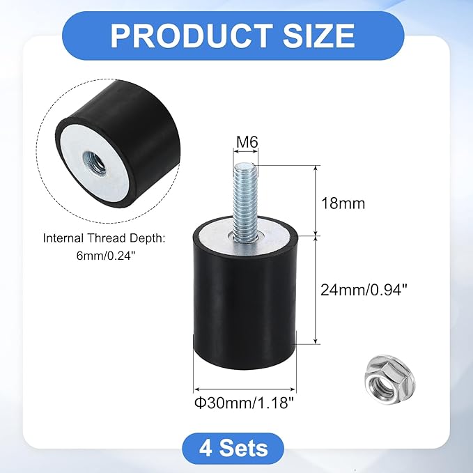 uxcell M6 Rubber Mounts, 4Pcs 24x30mm(DxH) Rubber Cylindrical Anti Vibration Isolator Shock Absorber with Lock Nut for Car Bobbin Generator Air Compressors