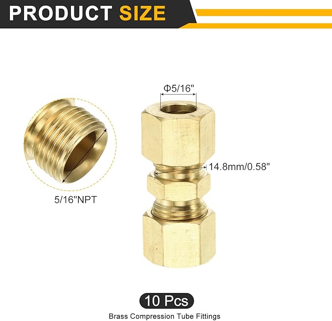 uxcell 10Pcs Brass Compression Tube Fitting, 5/16" Tube OD x 5/16" Tube OD Connector Straight Coupling Adapter Union Fittings