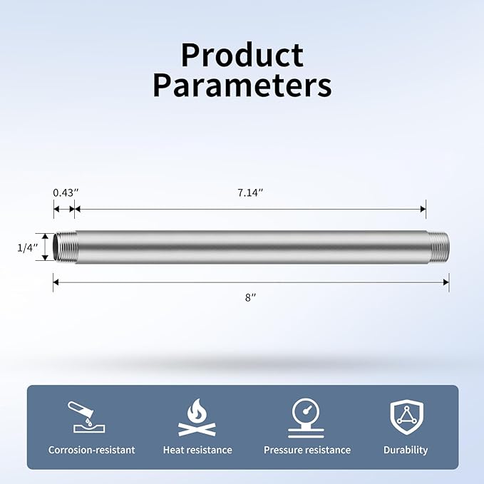 1/4"x8" 304 Stainless Steel Pipe, 4 Pack 1/4" NPT x 1/4" NPT Male Threaded Nipple, SCH40 Heavy Duty Pre-Cut Steel Pipe for Plumbing Gas, Hydraulic, and Industrial Applications(8", 4 Piece)