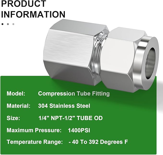 TAISHER 5PCS 304 Stainless Steel Compression Tube Pipe Fitting Connector, 1/2" Tube OD x 1/4" NPT Female Straight Adapter