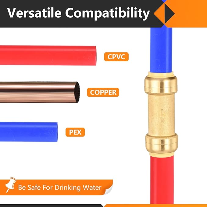 5-Pack HeSun Pushfit Check Valve, 1/2-Inch Push to Connect Plumbing Fittings with Disconnect Clip, Brass Push-fit Fittings for PEX, Copper, CPVC, PE-RT Pipes(PF-VALVE060-5)