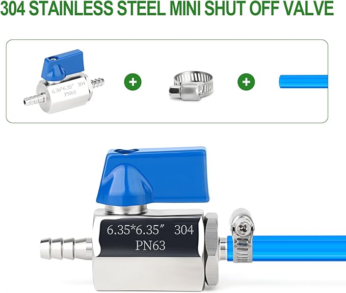 TAISHER 2PCS 304 Stainless Steel 1/4" Mini Ball Valve Shut Off Switch, 1/4” Hose Barb with 4PCS Hose Clamps