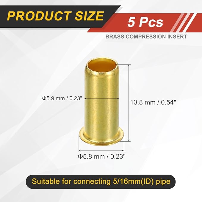 uxcell 5Pcs Fit for 5.9mm(1/4") Tube ID Brass Compression Fitting, Insert Tube Support Compression Sleeve Fitting, Sleeve Ferrules for Water Oil Air Pipe