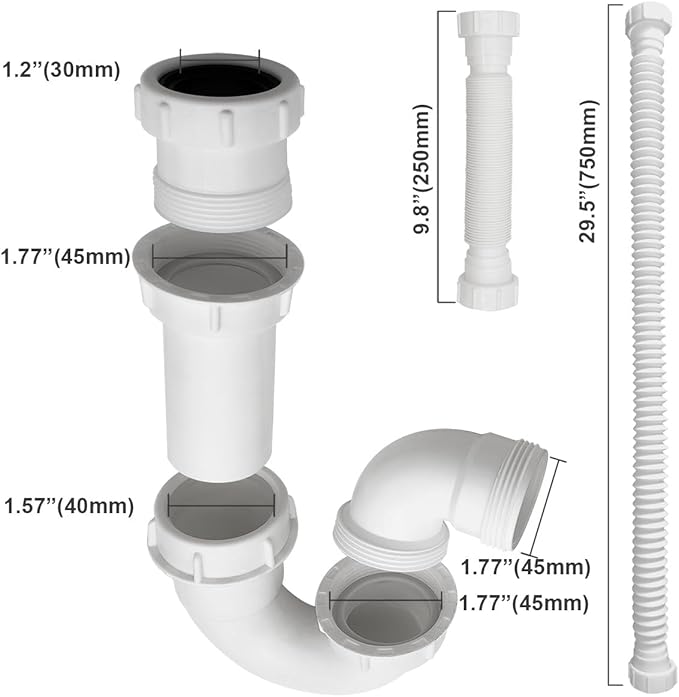 White 1 1/4" and 1-1/2" P-Trap Plumbing Kit with Threaded Adapter, J-Bend for Restroom Sink Kitchen Sink Drain Pipe, Flexible Extension Tube Drain Tailpiece