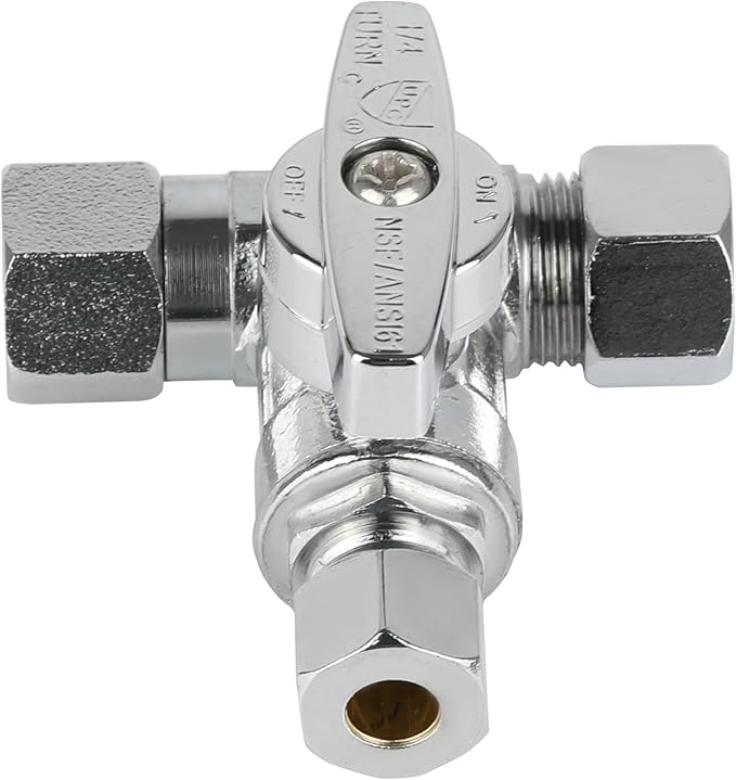 (Pack of 2) EFIELD 1/4-Turn Stop Tee Compression Stop Valve, 3/8" OD x 3/8" Com OD, Chrome Plated Brass, UPC Certified,(VALVE465)