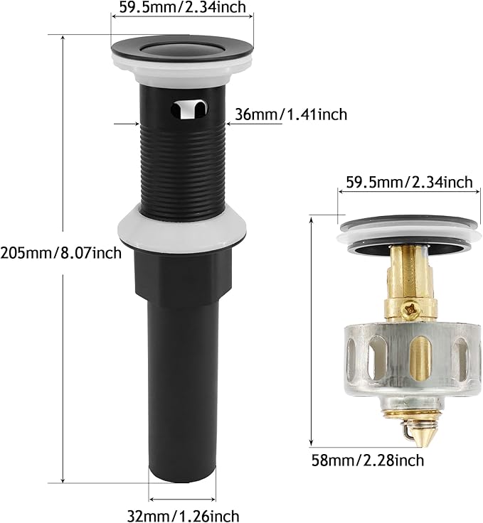 Bathroom Sink Drain,Drain Stopper Bathroom Sink with Overflow,Small Cap Pop Up Drain Assembly with Detachable Strainer Basket,Built-in Anti-Clogging, Stainless Steel Nut Matte Black