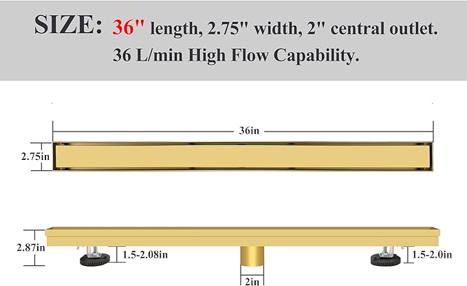 36 Inch Linear Shower Drain Gold Floor Drain with Removable SUS304 Stainless Steel CUPC Certificate and 2-in-1 Tile Insert Grate Cover
